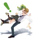  1boy 1girl adult black_legwear blonde_hair blush child glomp green_hair highres hug kneehighs koiwai_yotsuba mo_nika plaid plaid_skirt school_uniform shadow simple_background skirt smile sweatdrop teenage tripping white_background wince yanda yotsubato! 