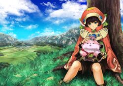  blue_eyes brown_hair chu-chu cloak cloud clouds creature goemon23 grass hand_on_head hat highres landscape marguerite_fatima short_hair sitting sky smile xenogears 