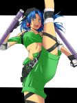  bandeau battle_arena_toshinden belt blue_eyes blue_hair dual_wielding earrings jewelry kicking letterboxed long_hair maabou midriff open_mouth shorts solo tonfa tracy_(battle_arena_toshinden) weapon white_background 