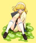  between_legs blonde_hair blush cardigan covering covering_crotch grass hairband kise_yayoi loafers open_mouth pama precure school_uniform shoes short_hair sitting sketchbook skirt smile_precure! solo wavy_mouth yellow_eyes 