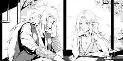  1boy 1girl 404nfzzi breasts commentary_request facial_mark forehead_mark highres jiraiya_(naruto) korean_commentary large_breasts long_hair looking_at_another mature_female mature_male monochrome naruto_(series) spiky_hair tsunade_(naruto) 