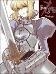  ahoge armor armored_dress blonde_hair dress excalibur fate/zero fate_(series) gauntlets green_eyes hair_ribbon juliet_sleeves logo long_sleeves puffy_shoulder_long_sleeves puffy_sleeves ribbon saber solo sword warai weapon 