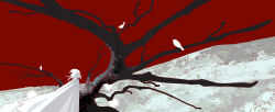  1other absurdres androgynous bare_tree bird cape chinese_commentary colored_skin commentary_request covered_mouth expressionless floating_cape floating_hair from_side hair_between_eyes high_collar highres hill limited_palette looking_ahead original outdoors ponytail red_sky red_theme short_ponytail sidelocks sky snafu_shatan_sizhe tree upper_body white_bird white_cape white_hair white_skin wide_shot 