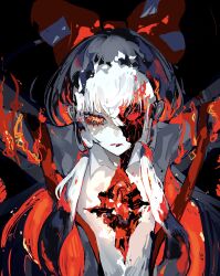  1girl absurdres arms_up bow burning closed_mouth fire flaming_eye fujiwara_no_mokou hair_bow heart highres long_hair mashi_(pixiv_zcjd2538) ofuda ofuda_on_clothes pale_skin pants red_eyes solo suspenders torn_clothes torn_sleeves touhou upper_body white_hair 