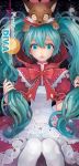  aqua_eyes aqua_hair cocorip cosplay dress hatsune_miku little_red_riding_hood little_red_riding_hood_(cosplay) little_red_riding_hood_(grimm) littlevein89 long_hair pantyhose project_diva project_diva_2nd sitting solo twintails vocaloid white_legwear 