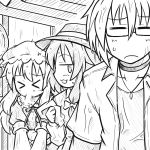  &gt;_&lt; 2girls :3 accelerator collar futa4192 greyscale hat maribel_hearn monochrome morichika_rinnosuke multiple_girls rain short_hair sick sneezing touhou usami_renko wet 