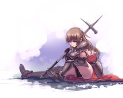  blue_eyes breasts brown_hair faulds gauntlets greaves hair_ornament halberd hand_on_knee long_hair nightmaremk2 pauldrons pixiv_fantasia pixiv_fantasia_sword_regalia polearm simple_background sitting smile solo weapon 