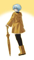  1girl alternate_costume angela_(project_moon) black_thighhighs blue_hair boots closed_mouth closed_umbrella coat commentary_request from_behind full_body gradient_background highres holding holding_umbrella hood hood_down hooded_coat korean_commentary long_sleeves looking_at_viewer looking_back project_moon raincoat rubber_boots short_hair simple_background solid01 solo standing thigh-highs umbrella white_background yellow_background yellow_boots yellow_coat yellow_eyes yellow_raincoat yellow_umbrella 