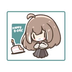  1girl :i ahoge black_skirt blush brown_hair cake cake_slice candle cardigan chibi chibi_only closed_mouth commentary cropped_legs crossed_bangs decrilus double-parted_bangs english_commentary food food_on_face grey_cardigan happy_birthday highres hololive hololive_english long_hair long_sleeves multicolored_hair nanashi_mumei plaid_clothes plaid_skirt pleated_skirt simple_background skirt solo streaked_hair white_background white_streaks 