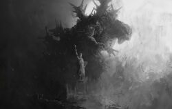  absurdres back_spikes claws english_commentary godzilla godzilla_(minus_one) godzilla_minus_zero highres jaw kaiju monochrome monster no_humans nouichi_(noui_nono) sharp_teeth size_difference statue_of_liberty tail teeth 