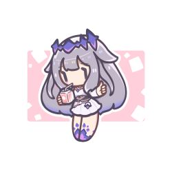  1girl border chibi chibi_only commentary decrilus double-parted_bangs dress english_commentary full_body grey_hair highres hololive hololive_english koseki_bijou long_hair outline outside_border pink_background solo standing strawberry_milk thumbs_up violet_eyes virtual_youtuber white_border white_dress white_outline 