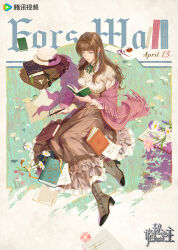  1girl absurdres blue_eyes book boots bracelet brown_hair brown_skirt chinese_commentary coffee coffee_mug commentary_request copyright_logo cup earrings flower fors_wall grass green_ribbon happy_birthday hat highres holding holding_book jewelry logo long_hair long_sleeves lord_of_the_mysteries mug official_art paper pen pink_shawl ribbon shawl shirt sitting skirt solo 