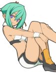  aquarion_(series) aquarion_evol bare_shoulders boots breasts crop_top green_hair hair_ribbon leg_hug looking_at_viewer midriff navel orion_(orionproject) purple_eyes ribbon short_hair short_shorts shorts sideboob simple_background sitting smile solo violet_eyes wrist_cuffs zessica_wong 