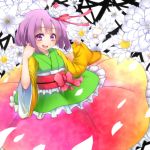  bow flower hair_flower hair_ornament hair_ribbon hieda_no_akyuu japanese_clothes kanaria_(artist) kimono multicolored_eyes obi open_mouth pink_eyes purple_eyes purple_hair ribbon short_hair smile solo tori_(minamopa) touhou violet_eyes 