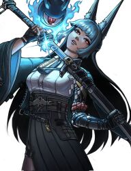  1girl animal_ear_fluff animal_ears aqua_jacket arm_out_of_sleeve black_gloves black_hair black_necktie black_skirt commentary cowboy_shot english_commentary fingerless_gloves fox_ears fox_girl gauntlets gloves high-waist_skirt highres holding holding_sword holding_weapon hoshimi_miyabi jacket katana long_hair necktie parted_lips red_eyes sheath shirt simple_background single_fingerless_glove single_gauntlet skirt sword tailless_(zenless_zone_zero) textless_version unsheathing weapon white_background white_shirt zekareah zenless_zone_zero 