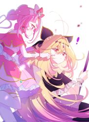  ! 2girls black_dress blonde_hair blush braid braided_twintails cheek_poking commentary_request cure_arcana_shadow cure_mystique dress earrings fingerless_gloves from_behind gloves gradient_hair highres jewelry kobayashi_mikuru long_hair looking_at_viewer meitantei_precure! moria_luluka multicolored_hair multiple_girls pink_dress pink_eyes pink_hair poking pout precure twintails very_long_hair violet_eyes xkcnsx 