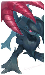  absol border bright_pupils claws closed_mouth commentary_request fang fang_out highres kikuyoshi_(tracco) mega_absol_z no_humans pink_eyes pokemon pokemon_(creature) pokemon_focus signature solo standing white_background white_border white_pupils 
