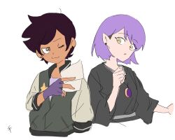  2girls :3 amity_blight black_hair brown_eyes brown_hair crescent crescent_necklace cropped_torso dark-skinned_female dark_skin fingerless_gloves gloves holding holding_paper ini_yoy jewelry looking_at_another luz_noceda multicolored_hair multiple_girls necklace one_eye_closed paper purple_gloves purple_hair short_hair simple_background sketch the_owl_house three-quarter_sleeves two-tone_hair upper_body white_background yellow_eyes 