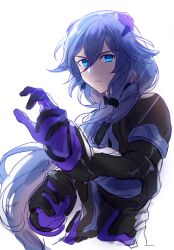  1girl absurdres amyucheu armored_bodysuit black_bodysuit black_hair blue_eyes bodysuit closed_mouth commentary_request fu_hua fu_hua_(shadow_knight) highres honkai_(series) honkai_impact_3rd korean_commentary long_hair looking_at_viewer ponytail simple_background solo white_background 