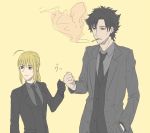  1girl black_eyes black_gloves black_hair blonde_hair cigarette emiya_kiritsugu facial_hair fate_(series) fist_bump fistbump flat_color formal gloves green_eyes long_hair mmm_(xbit) pant_suit ponytail saber smoke stubble suit 