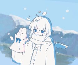  1girl angel angel_wings coat commentary day halo hand_puppet original outdoors puppet scarf sskitaco white_coat white_hair white_scarf wings 