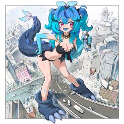  1girl absurdres blue_hair blue_tongue cityscape colored_tongue ddaatt33 dinosaur_tail giant giantess highres kaiju lazuli_(vtuber) monster_girl non-web_source personification pink_hair tail 