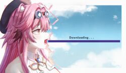  1girl absurdres animal_ears beret blue_sky clouds cloudy_sky commentary english_commentary fang goggles goggles_on_head hat highres hololive hololive_english long_hair multicolored_hair open_mouth panther_ears panther_girl pink_hair raora_panthera raora_panthera_(1st_costume) sky solo streaked_hair uwagiru vest virtual_youtuber white_streaks white_vest yellow_eyes 