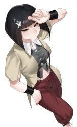  1girl arm_up arril100 black_hair black_sandals blunt_bangs blunt_ends bob_cut breasts brown_eyes brown_shirt brown_streaks closed_mouth collared_shirt commentary crop_top cropped_shirt curled_fingers dutch_angle foreshortening from_above full_body grey_shirt hair_ornament hairclip hand_on_own_forehead hand_on_own_hip highres inverted_bob kagenui_yozuru knee_up layered_shirt light_smile looking_afar looking_ahead medium_breasts midriff monogatari_(series) multicolored_hair narrowed_eyes navel open_clothes open_shirt pants perspective red_pants sandals shirt short_hair short_sleeves simple_background smile solo standing streaked_hair striped_clothes striped_pants suspenders toes vertical-striped_clothes vertical-striped_pants white_background wristband 