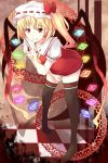  ascot black_legwear blonde_hair blood blood_on_face finger_to_mouth flandre_scarlet hat highres leaning_forward no_pants no_shoes red_eyes semony shirt side_ponytail smile solo standing thigh-highs thighhighs tile_floor tiles touhou vest wings zettai_ryouiki 