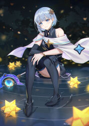  1girl absurdres blue_eyes bob_cut bracelet breasts calder_(pixiv3698273) cape closed_mouth commentary_request constellation earrings gloves gold_bangle hair_ornament highres jewelry maplestory short_hair sia_astelle single_glove sitting solo staff star_(symbol) star_hair_ornament white_hair 