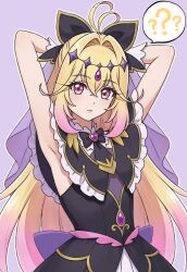  1girl ? ?? antenna_hair arm_behind_head armpits arms_up black_bow black_capelet black_dress blonde_hair bow brooch capelet cure_arcana_shadow diamond_hairband dress frilled_capelet frilled_cuffs frills gradient_hair hair_intakes heart heart_brooch highres jewelry long_hair looking_at_viewer magical_girl meitantei_precure! moria_luluka multicolored_hair precure purple_veil purple_wrist_cuffs ryuhirohumi simple_background solo speech_bubble tear_arcana_rod upper_body veil very_long_hair violet_eyes wrist_cuffs 