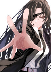  1girl absurdres amateru asa_(mononoke) belt black_jacket black_necktie brown_hair closed_mouth collared_shirt commentary_request highres jacket long_hair long_sleeves looking_at_viewer necktie open_clothes open_jacket pink_belt red_eyes shirt simple_background solo very_long_hair white_background white_shirt yomi_no_tsugai 