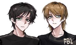  2boys aegyo_sal animification arms_at_sides artyom_anoufriev black_shirt blue_eyes blush brown_hair chinese_commentary closed_mouth clothes_writing collarbone commentary_request eyes_visible_through_hair from_below frown green_eyes hair_between_eyes highres multiple_boys naturalselector91 nikita_lytkin nose_blush pimple portrait real_life shirt short_hair side-by-side simple_background swept_bangs thick_eyebrows true_crime upturned_eyes v-shaped_eyebrows white_background 