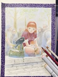  1girl animal art_tools_in_frame backpack bag black_cat boots braid braided_sidelocks brown_boots brown_gloves brown_hair cat closed_mouth colored_pencil colored_pencil_(medium) commentary_request dr._fabre_(shin_iroenpitsu) elf fingerless_gloves ghost_tail gloves green_bag green_eyes hairband highres indian_style long_hair looking_at_animal marker_(medium) on_wall original outdoors pencil people photo_(object) pointy_ears red_hairband red_shirt red_shorts shin_iroenpitsu shirt short_sleeves shorts sidelocks sitting sitting_on_wall smile stone_wall traditional_media tree turtleneck turtleneck_shirt twin_braids unworn_bag 