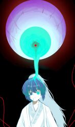  1boy aged_down aqua_eyes black_background black_eyes blank_stare blue_hair child chinese_clothes commentary disembodied_eye dripping eye_focus glowing haneetyann hanfu heterochromia high_ponytail highres hong_lu_(project_moon) limbus_company long_hair male_focus ponytail project_moon smile solo string string_of_fate upper_body white_hanfu 