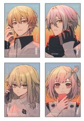  2boys 2girls absurdres black_gloves blonde_hair closed_mouth collared_shirt commentary gloves green_hair highres holding holding_walkie-talkie kamishiro_rui kusanagi_nene long_sleeves looking_at_viewer multiple_boys multiple_girls ootori_emu outdoors parted_lips pink_eyes pink_hair project_sekai purple_hair ribbon shirt sora_(men0105) teeth tenma_tsukasa untranslatable_commentary violet_eyes walkie-talkie wonderlands_x_showtime_(project_sekai) yellow_eyes 