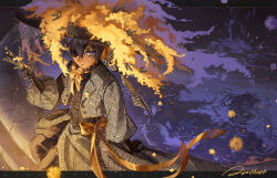  1boy absurdres arm_support artist_name bishounen black_gloves black_pants blue_eyes blue_hair borrowed_design ciel_phantomhive closed_mouth cropped_jacket elbow_gloves eyepatch feet_out_of_frame flower fountain frilled_shirt_collar frills from_above full_body gloves gold_ribbon gold_trim hair_between_eyes hair_flower hair_ornament hat hat_flower highres kuroshitsuji large_hat long_skirt looking_at_viewer male_focus mimosa_(flower) neck_ribbon pants patterned_clothing puffy_sleeves questtneo reflection reflective_liquid ribbon ripples short_hair sitting skirt solo tan three-quarter_sleeves too_many_flowers 