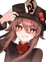 1girl adjusting_clothes adjusting_headwear black_hat brown_hair commentary_request flower flower-shaped_pupils genshin_impact hair_between_eyes hat hat_flower highres hu_tao_(genshin_impact) long_hair long_sleeves looking_at_viewer plum_blossoms portrait red_eyes smile solo symbol-shaped_pupils twintails udon_(smnj4387) 