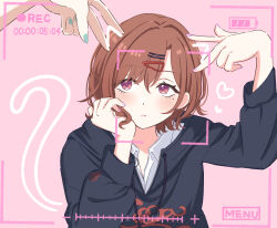  1girl amashi_2278 black_hoodie brown_hair commentary_request hair_between_eyes highres higuchi_madoka hood hoodie idolmaster idolmaster_shiny_colors long_sleeves looking_at_viewer medium_hair mole mole_under_eye shirt swept_bangs violet_eyes 
