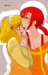 blonde_hair blush casual character_name closed_eyes forehead_kiss hairband hand_on_head hands_clasped highres hino_akane kise_yayoi kiss multiple_girls open_mouth ponytail precure ramune02 red_eyes red_hair redhead shirt short_hair smile smile_precure! surprised yellow_eyes yuri 