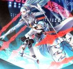  android ariadne_(megami_tensei) axe blue_hair daizo grin highres labrys long_hair looking_at_viewer persona persona_4:_the_ultimate_in_mayonaka_arena ponytail red_eyes school_uniform smile weapon 