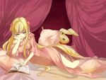  adult bakusyuu bare_legs bed blonde_hair book bored chin_rest curtains gosick hair_ribbon long_hair lying nightgown on_side pillow reading ribbon solo stuffed_animal stuffed_toy victorica_de_blois 
