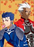  archer blue_hair dark_skin earrings fate/stay_night fate_(series) floral_background grey_eyes heart jewelry lancer long_hair male mazaki_kei mouth_hold multiple_boys orange_background ponytail red_eyes white_hair 
