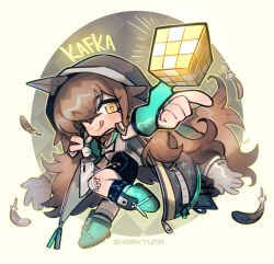  1girl arknights blue_shoes brown_hair character_name chibi chibi_only cube eyelashes feathers full_body highres index_fingers_raised kafka_(honkai:_star_rail) licking_lips long_hair one_eye_closed open_mouth sharktuna shoes solo tongue tongue_out 