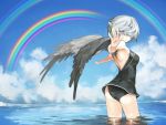  cloud clouds grey_hair hair_over_one_eye one-piece_swimsuit original rainbow sky swimsuit water wings yunar 