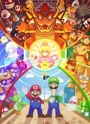  4girls 6+boys absolutely_everyone birdo blooper_(mario) blue_sky bob-omb bowser bowser_jr. brothers bullet_bill clouds cloudy_sky colorful diddy_kong donkey_kong dry_bones everyone goomba hammer_bro highres kamek king_boo koopa_troopa lakitu luigi luma_(mario) mario multiple_boys multiple_girls pauldrawsart piranha_plant polterpup princess_daisy princess_peach professor_elvin_gadd rosalina shy_guy siblings sky super_mario_bros. super_mushroom super_star_(mario) toad_(mario) tube turtle_shell twins waluigi wario whomp yoshi 