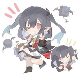  1girl aki_choco arknights black_hair black_jacket chibi closure_(arknights) commentary_request earpiece full_body holding holding_wrench jacket long_hair one_eye_closed open_clothes open_jacket pointy_ears red_eyes shirt sketch smile two_side_up v white_shirt wrench 