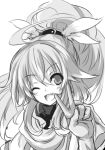  copyright_request greyscale long_hair looking_at_viewer lowres monochrome smile solo wink yu-ves 
