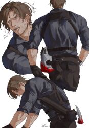  1boy axe beard_stubble belt black_gloves blood blood_on_weapon blue_eyes blue_shirt brown_hair chest_holster commentary eva0951120 facial_hair gloves hatchet_(axe) highres leon_s._kennedy male_focus multiple_views muscular muscular_male notice_lines parted_lips resident_evil resident_evil_requiem shirt short_hair stubble weapon weapon_on_back 