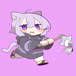  1girl absurdres animal_ears axe black_hoodie black_sweater blush_stickers cat_ears cat_girl cat_tail cocomayo29_(tomato) highres holding holding_axe hololive hood hoodie nekomata_okayu nekomata_okayu_(1st_costume) onigirya_(nekomata_okayu) pants purple_background simple_background solo_focus sweater tail virtual_youtuber white_pants 